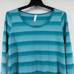 LuLaRoe Lynnae Long Sleeve Green Stripe High Low Tunic Top Medium Fun
